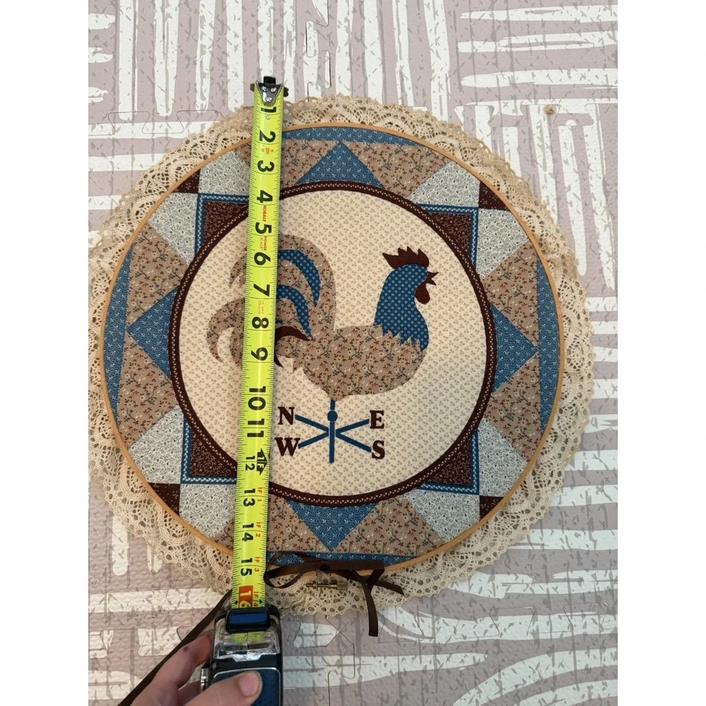 Vintage Handmade Embroidery Hoop Wall Art Rooster Compass Farmhouse Country Chic